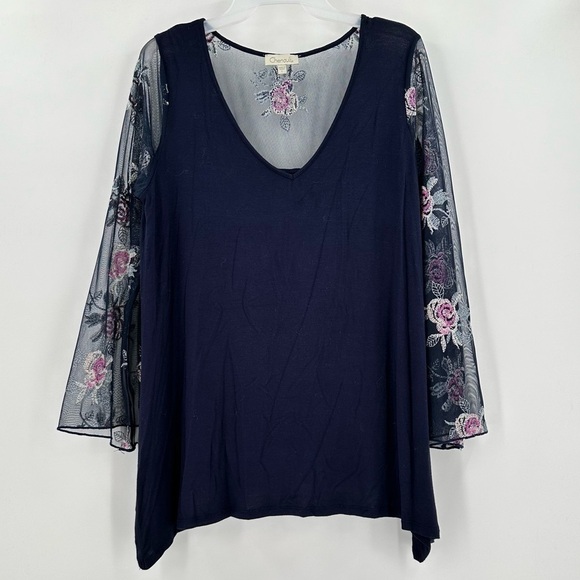CHENAULT Women’s Navy Blue Top With Floral Embroidered Sheer Sleeves Size Large - Picture 1 of 8